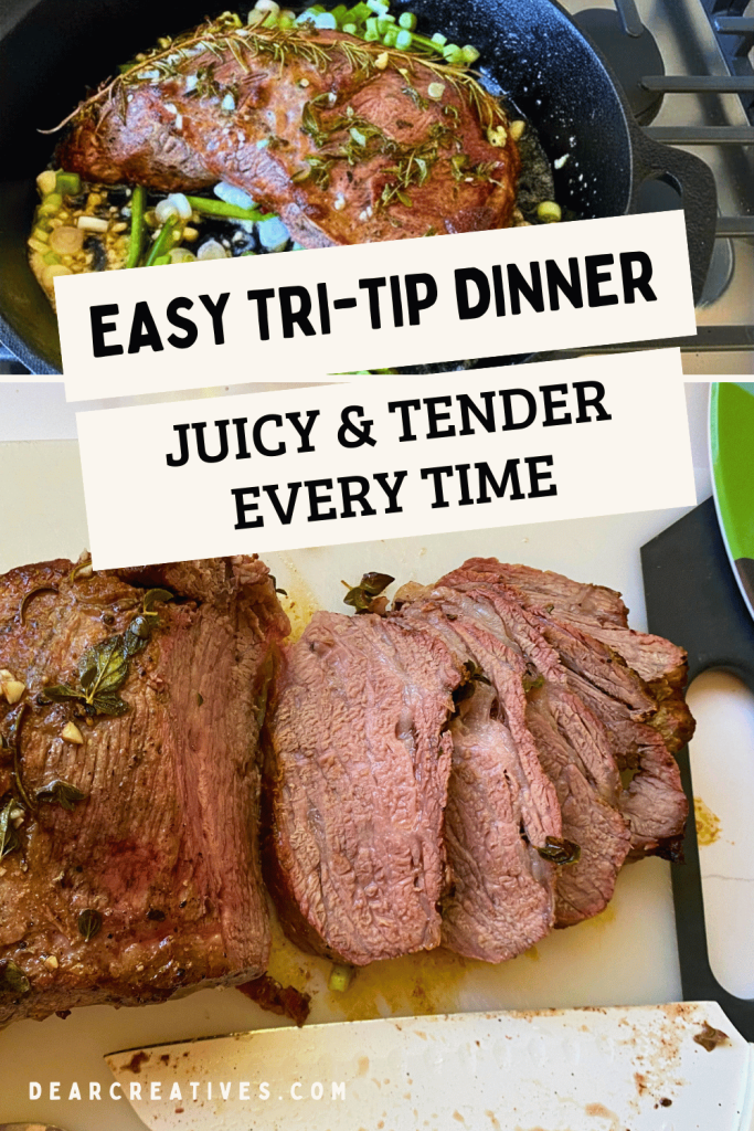 Two-image collage of cast iron tri-tip showing searing in a skillet and sliced juicy tri-tip on a cutting board ready for dinner.