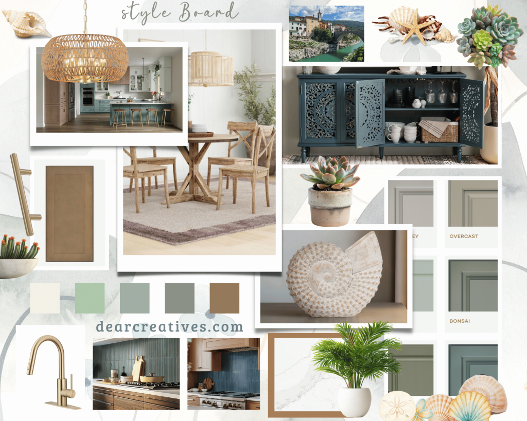 kitchen and dining room design style board coastal, muted mossy, bonsai, driftwood, seas shells, champagne bronze fixtures, natural elements, textures. casual coastal design style board DearCreatives.com