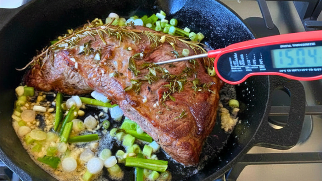 closeup image of Sliced cast iron tri-tip in a cast iron skillet with a meat thermometer in it and showing juicy, tender beef with a flavorful crust and herbs