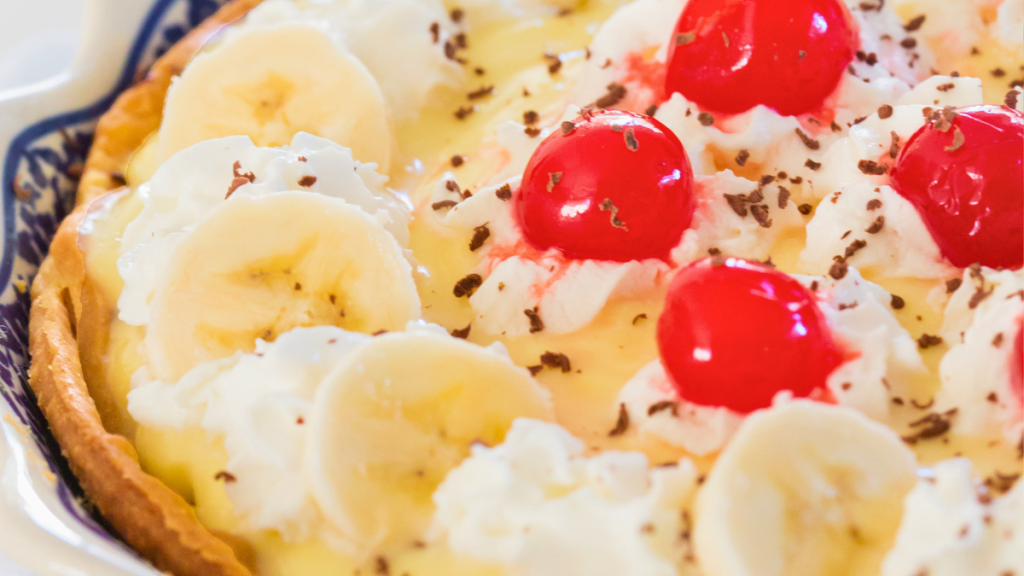 closeup of banana split pie with pastry crust an easy dessert