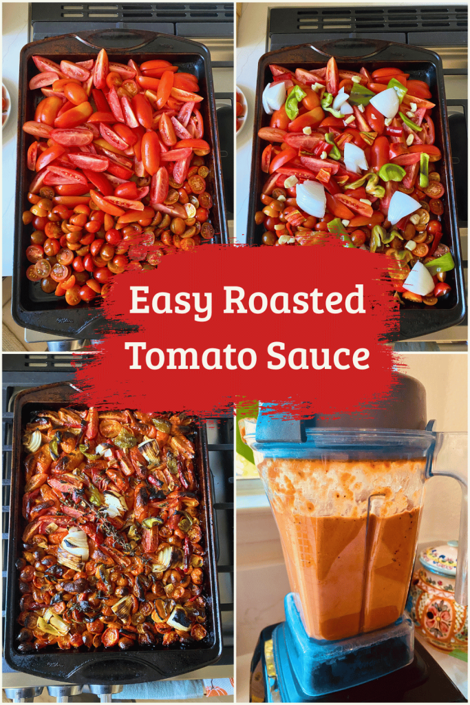 Easy Roasted Tomato Sauce. Images of sheet pan with tomatoes, sheet pan with onions, peppers, garlic. Sheet pan with roasted tomatoes, onion, peppers, and garlic. An image of the blended roasted tomato sauce in a blender ready to pour into a pan.jpg