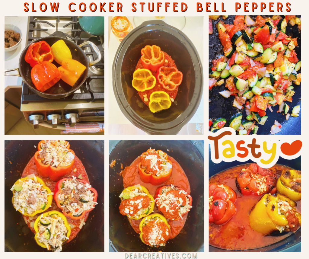 How to make slow cooker stuffed bell peppers with ground beef, vegetables, Parmesan cheese and rice. Cooked in the slow cooker with marinara sauce. DearCreatives.com
