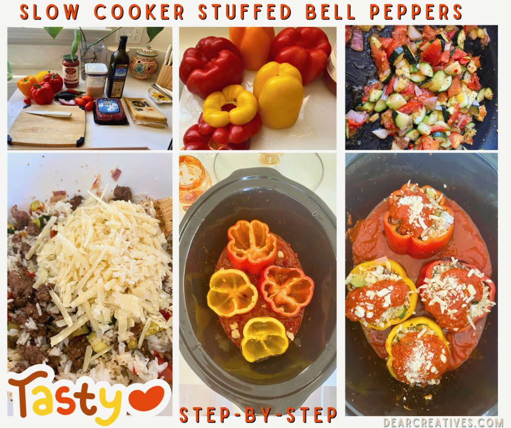 How to make slow cooker stuffed bell peppers with ground beef, vegetables, and rice. 