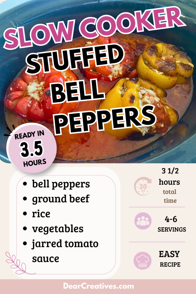 Slow cooker stuffed bell peppers with ground beef, rice, zucchini, tomatoes, and Parmesan, cooked in marinara sauce and ready to serve.