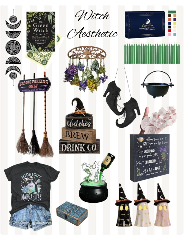 Collage of Practical Magic-inspired Halloween decorations and witchy Amazon finds