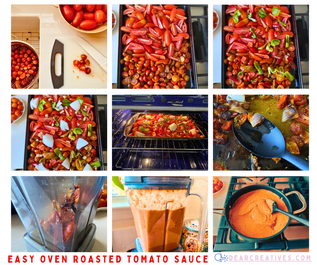 step-by-step images of how to make oven roasted tomato sauce: Cutting tomatoes, placing tomatoes on sheet pan, adding other ingredients to the sheet pan, placing it in the oven, adding it to the blender, mixing it in the blender, and the final tomato sauce in the pan ready to be adjusted for thickness and seasonings.