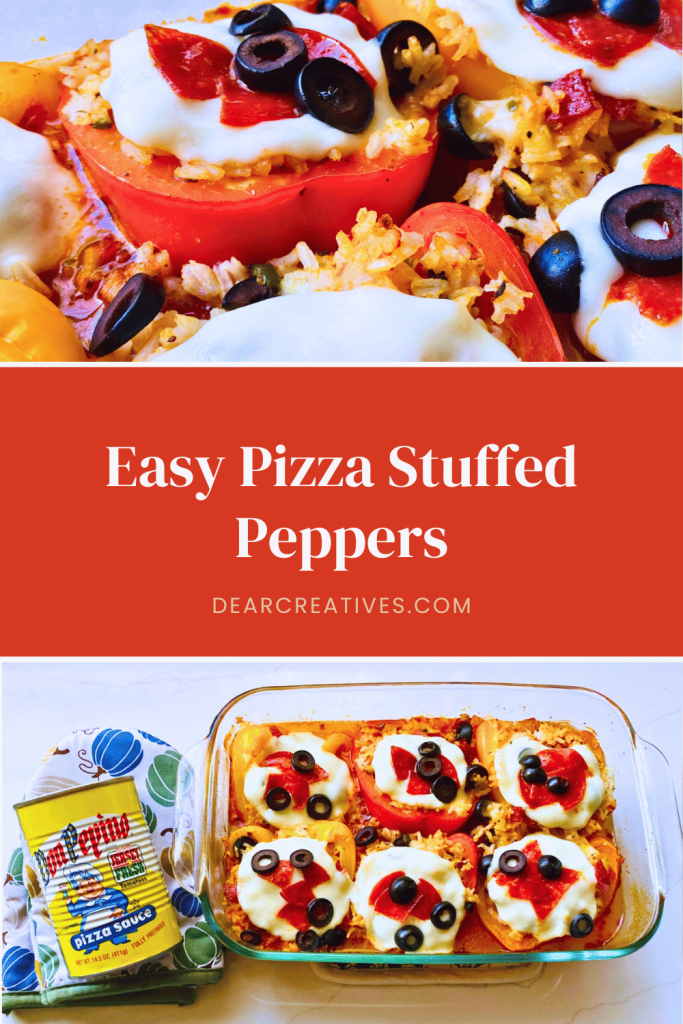 Close-up and baking dish views of pizza stuffed bell peppers filled with rice and topped with melted mozzarella, pepperoni, and black olives.