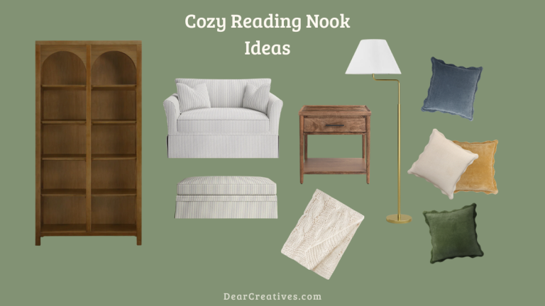 Cozy Reading Nook Ideas with a tall wood bookcase a extra wide comfy reading chair with pillows and a matching ottoman, a swing arm lamp, a side table, and decor accents of a cotton knit throw and cotton velvet throw pillows.
