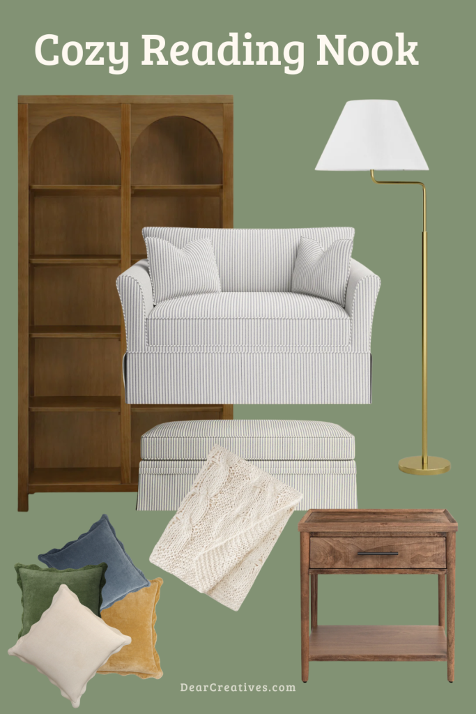 Cozy Reading Nook with a tall wood bookcase a extra wide comfy reading chair with pillows and a matching ottoman, a swing arm lamp, a side table, and decor accents of a cotton knit throw and cotton velvet pillows