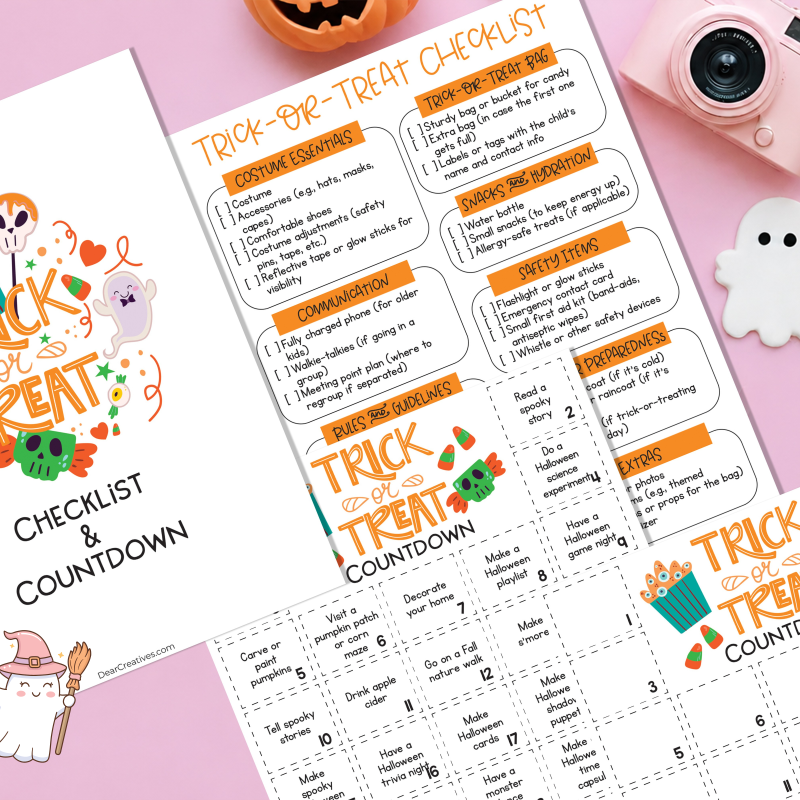Halloween countdown and trick-or-treat checklist printable bundle with filled-in and blank countdown pages