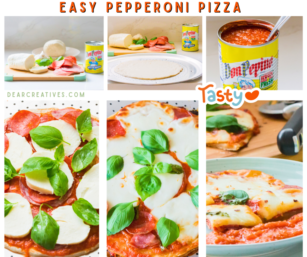Step-by-step collage showing pizza dough topped with sauce, pepperoni, Italian salami, fresh mozzarella, and basil.