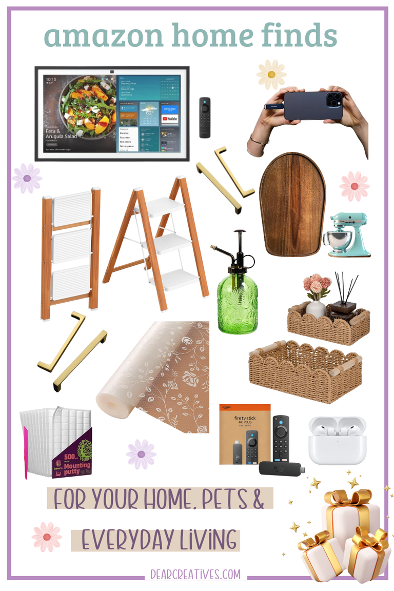 Amazon home finds collage featuring an Echo Show, phone storage drive, folding step ladder, brass cabinet pulls, stand mixer slider mat, wicker baskets, floral shelf liner, mounting putty, green plant sprayer, Fire TV Stick, and wireless earbuds.