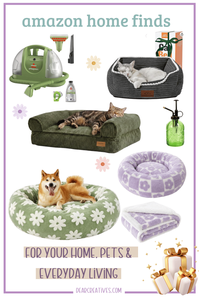 Amazon home and pet finds collage featuring a BISSELL Little Green cleaner, gray and green sofa-style pet beds with cats, green and lavender floral donut beds, a matching lavender blanket, and a green glass plant sprayer.